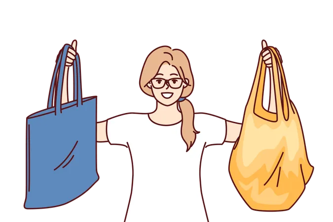 Woman Shopper With Rag Bags For Purchases Smiles Calling For Abandonment Of Plastic Packages To Avoid Pollution Young Happy Girl Shopper With Reusable Shopping Bags For Going To Grocery Store Illustration