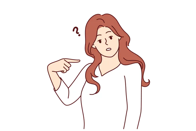 Embarrassed Woman Points Finger At Herself And Looks Puzzled At Screen After Hearing Strange Question Embarrassed Girl Feels Awkward Because Of Incorrect Statement Or Accusation Against Her Illustration