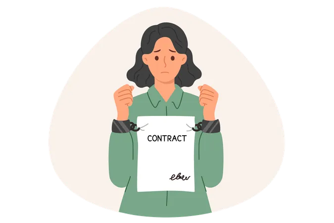 Woman Is Constrained By Strict Contract Prohibiting Disclosure Of Information Or Change In Field Of Activity Girl With Contract Instead Of Handcuffs Regrets That She Signed Nda Agreement Illustration