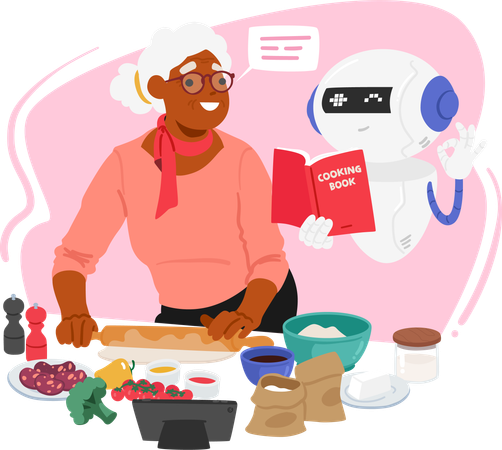 Woman is cooking while seeking help from chatbot  Illustration