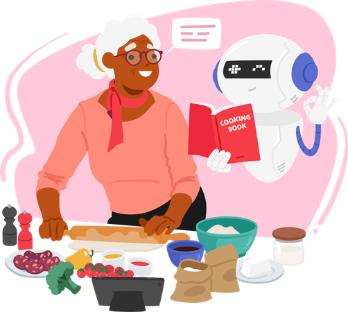 Woman is cooking while seeking help from chatbot  일러스트레이션