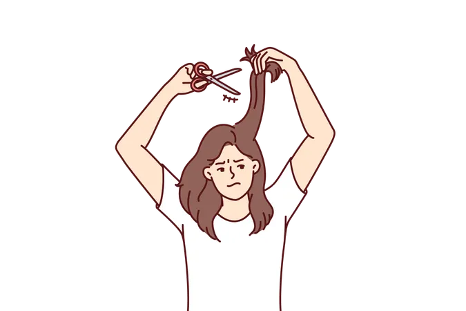 Woman Cuts Own Hair Because Of Dissatisfaction With Hairstyle And Split Ends That Appeared Due To Bad Shampoo Unhappy Casual Girl Needs Professional Hairdresser Or Better Shampoo Illustration