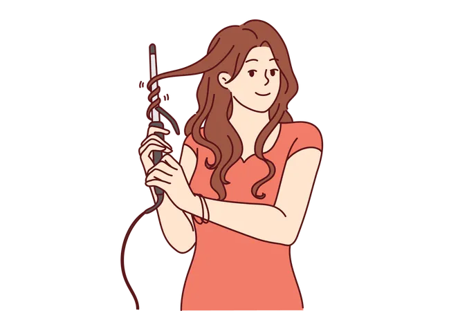 Woman Uses Electric Curling Iron To Get Curly Hairstyle And Get Ready For Party Or Date With Boyfriend Girl With Curling Iron Wants To Become Beautiful Giving Straight Hair Curly Look Illustration
