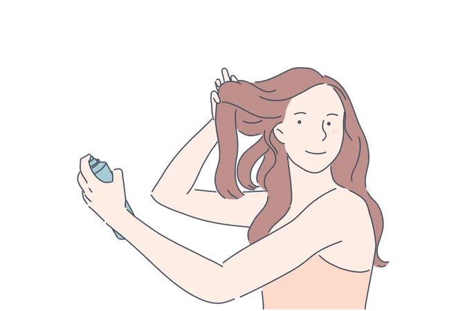 Making Hairdo Hair Volume Beauty Procedure Concept Young Lady Using Hair Spray Pretty Woman Model Demonstrating Hairspray Dry Shampoo Efficiency Beauty Industry Product Simple Flat Vector Illustration