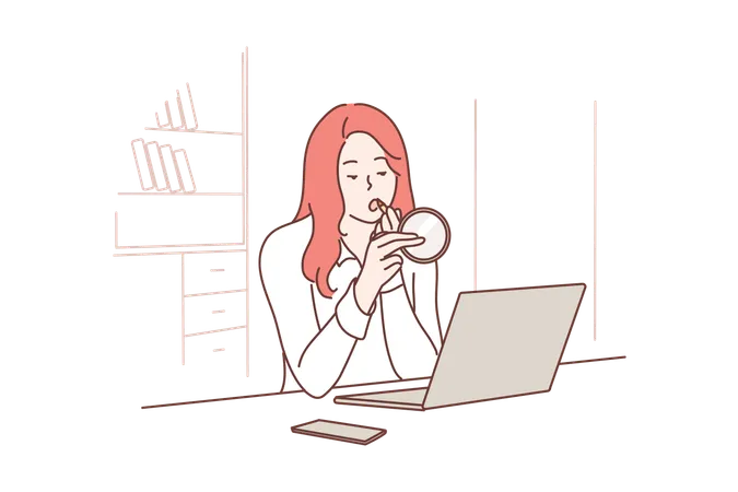 Business Makeup Work Preparation Dating Concept Young Businesswoman Clerk Manager Cartoon Character Sitting In Office Workplace And Applying Cosmetic Lipstick Preparing For Meeting Illustration Illustration