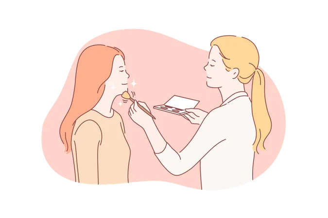 Beauty Makeup Stylist Concept Young Woman Prepares For Date And Wants To Look Beautiful Professional Stylist Helps Contented Girl To Do Makeup Makeup Makes People Beautiful Simple Flat Vector Illustration