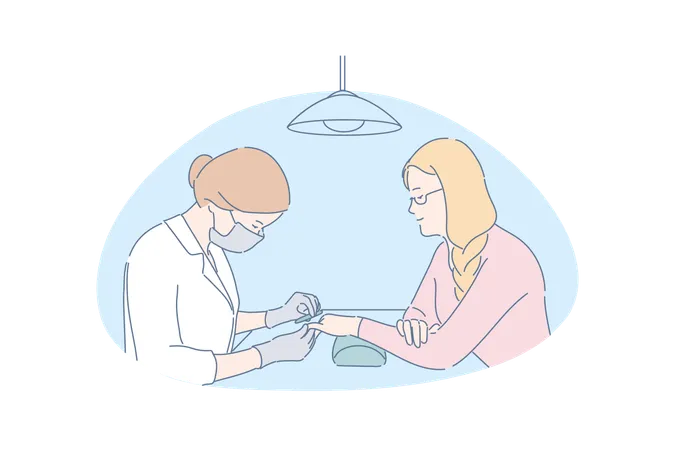Beauty Salon Manicure Spa Center Services Concept Manicurist In Mask And Gloves Polishing Customers Nails Relaxing Pastime Happy Client Enjoying Cosmetic Procedure Simple Flat Vector Illustration