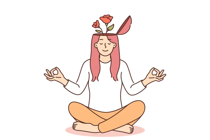 Yogi Woman Meditates And Feels How Flowers Grow From Head Symbolizing Mental Harmony Or Balance Girl Sits In Lotus Position And Meditates To Get Rid Of Bad Thoughts After Receiving Bad News Illustration
