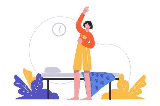 Woman Is Doing Morning Exercises In Bedroom Young Girl Warming Up And Doing Stretching People Scene Isolated Healthy Lifestyle Home Workout Concept Vector Illustration In Flat Minimal Design Illustration