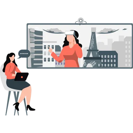 Woman is doing online meeting with VR technology  Illustration