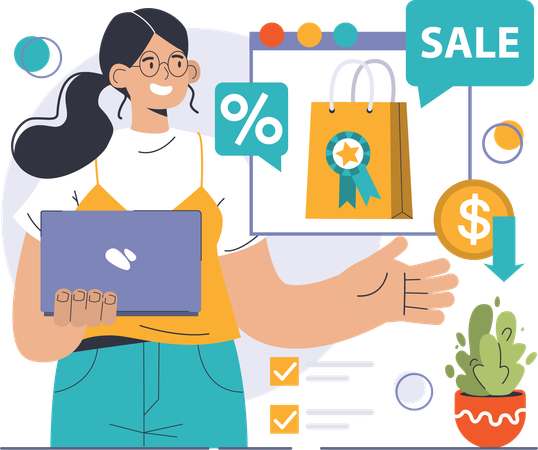 Woman is doing online shopping  イラスト