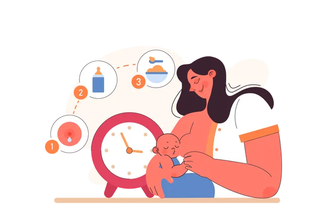 Partial Breastfeeding Young Mother Feeding Her Baby With Breast Milk Formula Milk And Solid Food Woman Coming Back From Maternity Leave Modern Parenthood Concept Flat Vector Illustration Illustration