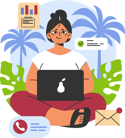 Woman is doing remote work from beach  イラスト