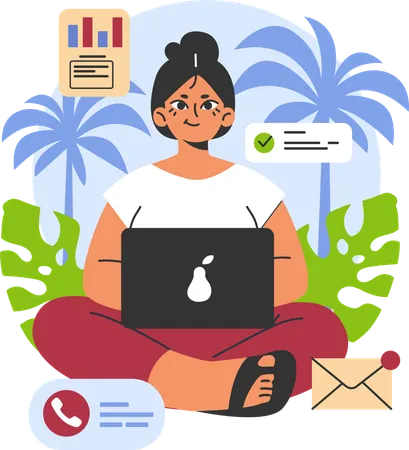 Woman is doing remote work from beach  Illustration