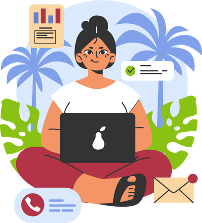 Woman is doing remote work from beach  Illustration