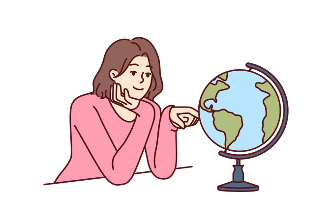 Woman Dreams Of Traveling World Looking At Globe With Planet Earth And Continents Girl Dreams Of Being Tourist And Going On Trip To Different Countries And Parts Of World With Distinctive Culture 일러스트레이션