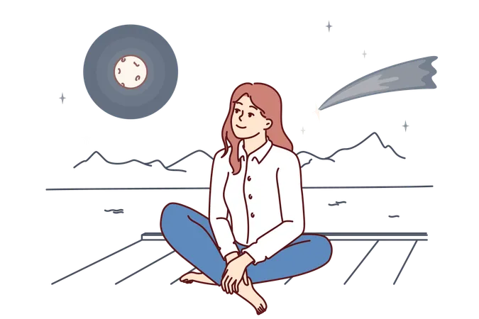 Dreamy Woman Is Sitting On Pier Looking At Night Sky With Shooting Star Near Full Moon Carefree Dreamy Girl Admires Evening Bay And Makes Wishes Seeing Starfall And Feels Harmony With Nature Illustration