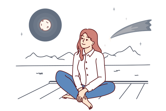 Woman is dreaming to reach at moon  Illustration