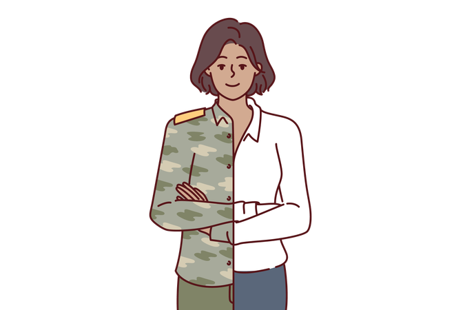 Woman is dressed in military uniform and business attire at same time  Illustration
