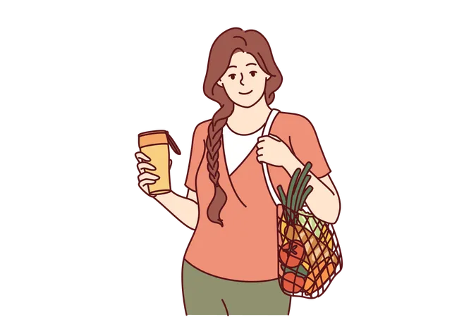 Woman With Mesh Bag Filled With Vegetables From Farmer Fair Drinks Coffee From Reusable Cup To Take Care Of Ecology Girl Shows Civic Consciousness By Abandoning Plastic To Avoid Pollution Ecology Illustration
