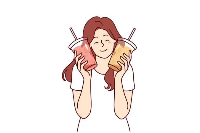 Woman Holds Two Plastic Cups With Lemonade Or Soda Bought At Coffee Shop Or Ordered At Takeaway Restaurant Girl In Casual T Shirt With Iced Lemonade Wants To Cool Off After Hot Summer Walk Illustration