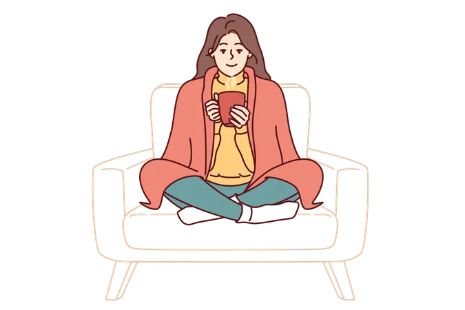 Woman With Blanket On Shoulders Drinks Hot Tea To Cheer Up And Feel Comfortable In Warm And Cozy Atmosphere Girl Smiles Sweetly And Drinks Hot Coffee To Gain Strength Before Going To College Illustration