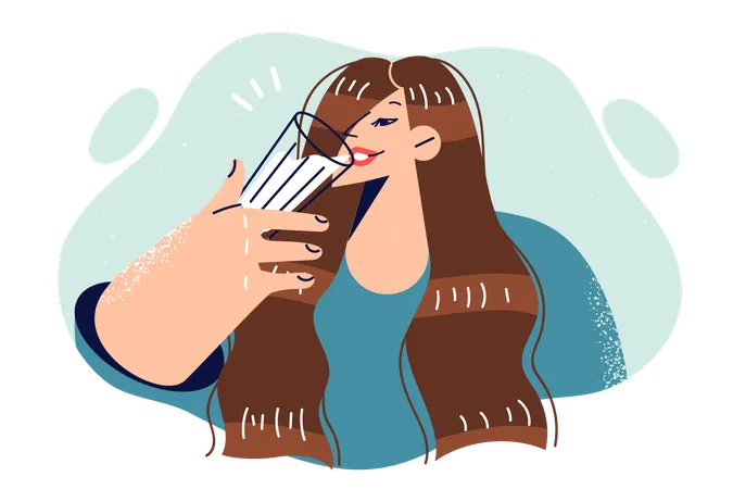 Woman Drinks Water From Glass To Quench Thirst After Walk In Summer Park Or Morning Jog Long Haired Girl Drinks Milk To Get Protein And Lactose Available In Drink Of Organic Origin Illustration