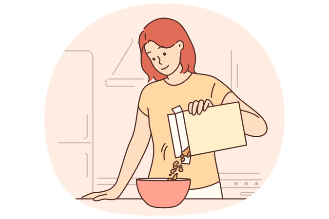 Woman is eating breakfast with cornflakes and holding box of muesli standing near kitchen table  Illustration