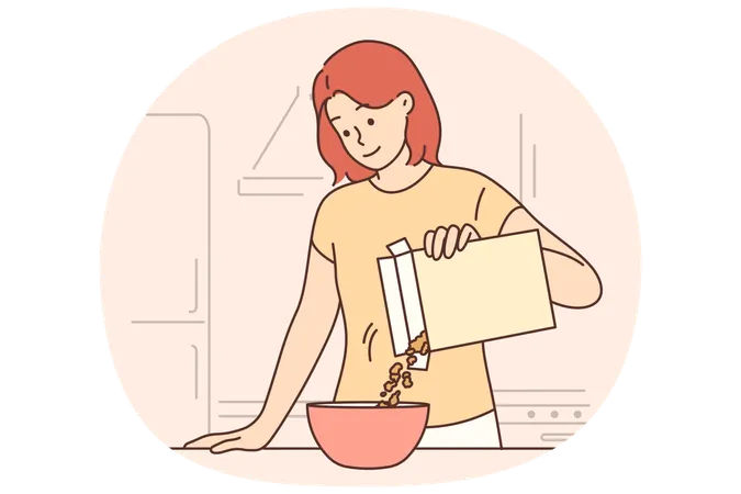 Woman is eating breakfast with cornflakes and holding box of muesli standing near kitchen table  Illustration