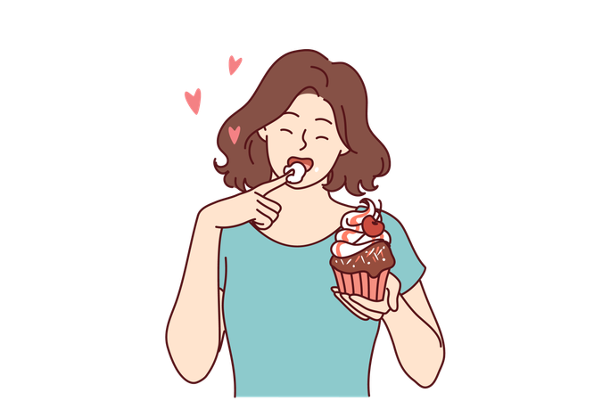 Woman is eating delicious cupcake  Illustration