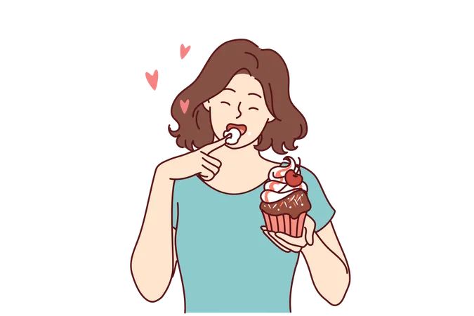 Woman Eats Delicious Cupcake Licking Sweet Cream From Finger And Enjoying Appetizing Dessert Bought In Craft Bakery Beautiful Girl Having Lunch With Cupcake With Fresh Berries From Cake Shop Illustration