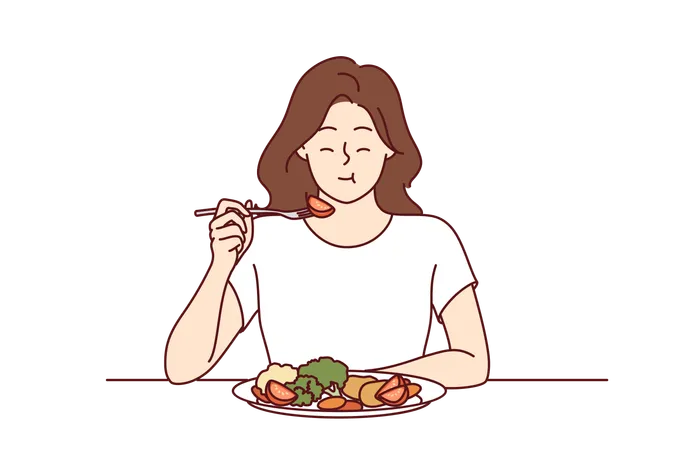 Woman Eats Appetizing Fresh Vegetable Salad And Closes Eyes Enjoying Delicious And Healthy Diet Girl Has Lunch Or Dinner With Vegetables According To Advice Of Nutritionist Recommended New Diet Illustration