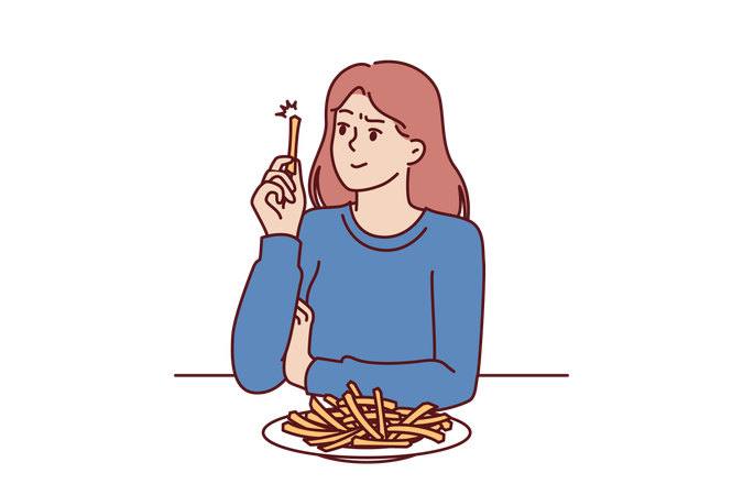 Woman is eating french fries  Illustration
