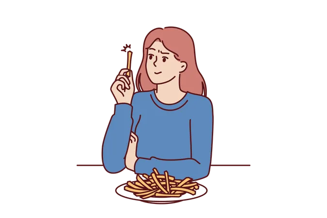 Woman Eats French Fries Without Thinking About Health Risks Of Fast Food And Fried Snacks Girl Is Having Lunch In Cafe Sitting At Table With French Fries And Needs Consultation With Nutritionist Illustration