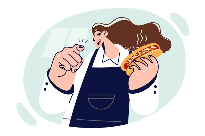 Woman Chef Of Fast Food Restaurant Holding Hot Dog And Pointing Finger At Screen Offering Delicious Lunch Girl In Apron Works In Fast Food Cafe And With Smile Lures Hungry Customers Illustration