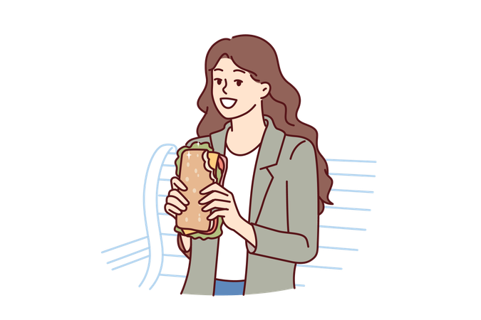 Woman is eating hamburger while sitting in park  イラスト