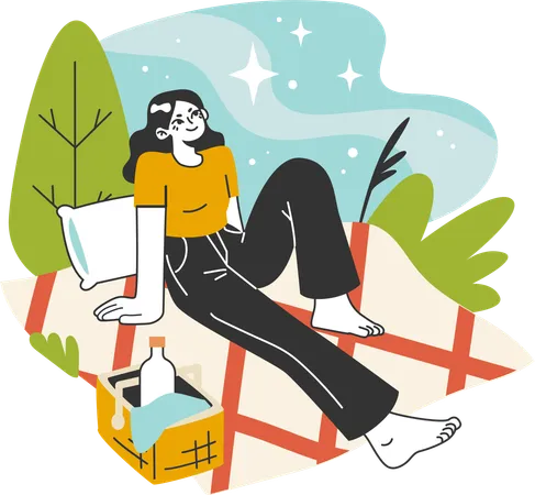 Woman is enjoying at forest camp  Illustration