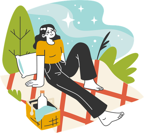 Woman is enjoying at forest camp  Illustration