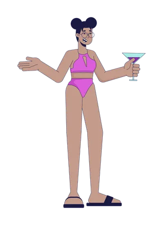Black Woman At Pool Party 2 D Linear Cartoon Character African American Female Holding Cocktail Isolated Line Vector Person White Background Summertime Hangout Color Flat Spot Illustration Illustration