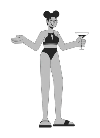 Black Woman At Pool Party Black And White 2 D Line Cartoon Character African American Female Holding Cocktail Isolated Vector Outline Person Summertime Hangout Monochromatic Flat Spot Illustration Illustration
