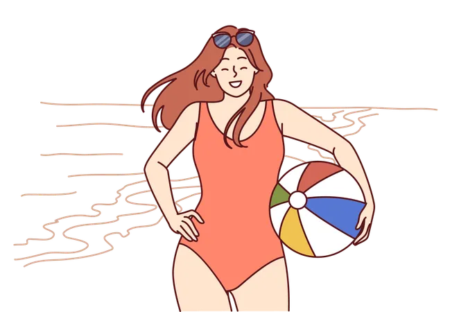 Woman In Swimsuit With Ball For Beach Volleyball Stands On Seashore Enjoying Summer Vacation In Tropical Resort Girl Tourist Smiles Posing On Beach Near Ocean And Invites You To Go On Joint Tour Illustration