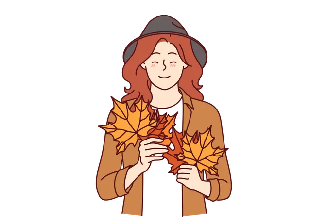 Woman With Autumn Leaves In Hands Smiles Standing In Stylish Casual Clothes And Hat Cheerful Young Girl Rejoices At Onset Of Autumn Season And Collects Beautiful Foliage From Trees Illustration