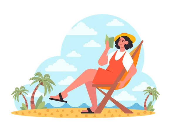 Summer Holiday Concept Character Relaxing And Resting Outdoors Girl Lying On A Deck Chair And Reading A Book On The Beach Flat Vector Illustration Illustration