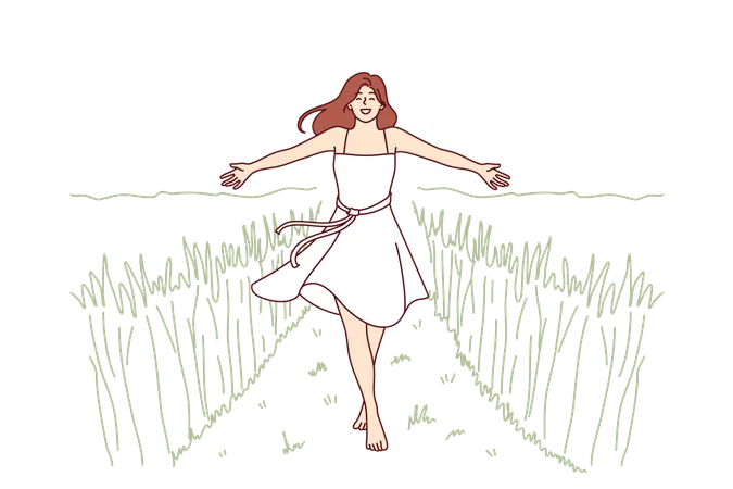 Woman Walks Along Path Among Tall Grass Enjoying Beautiful Nature In Rural Or Farming Area Girl In Dress Enjoys Walk In Wild Nature Or Agricultural Field In Ecologically Clean Place イラスト