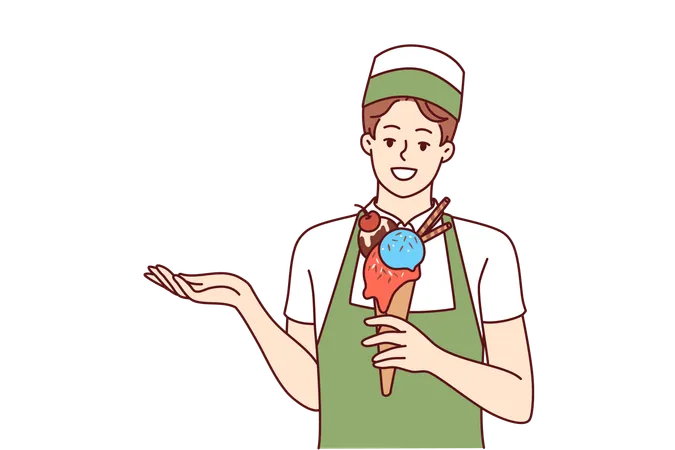 Woman Ice Cream Seller Holds Cold Dessert In Waffle Cup Offering Fruit Delicacy To Refresh After Walk Girl Waiter In Apron Demonstrates Ice Cream To Satisfy Hunger In Hot Summer Weather Illustration