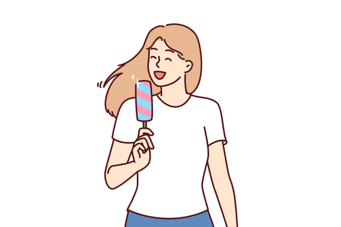 Woman Eats Ice Cream To Cool Off In Hot Summer Weather And Enjoy Cold Sweet Dessert Young Girl In Casual Clothes Holds Ice Cream And Smiles Enjoying Treat That Relieves Thirst And Hunger イラスト
