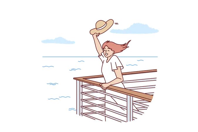 Woman Tourist On Cruise Liner Stands Near Side And Waves Hand Rejoicing At Summer Travel Across Ocean Happy Girl Rejoices In Freedom And Opportunity To Travel On Sea Yachts Between Tropical Islands Illustration