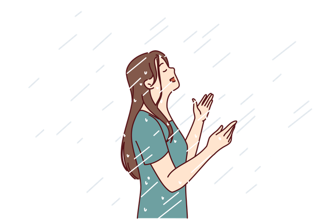 Woman is enjoying rain  イラスト