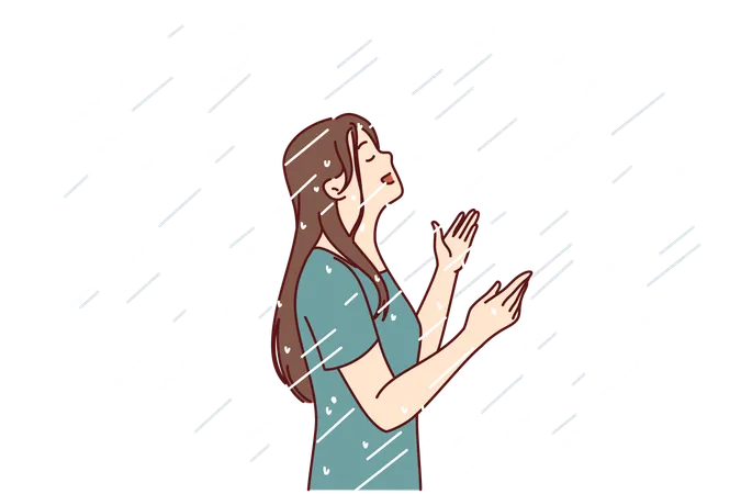 Woman Enjoys Rain Standing Under Drops Falling From Sky In Wet T Shirt And Raising Head Up Happy Young Girl Rejoices In Autumn Rain After Long Summer Drought Caused By Hot Climate Illustration