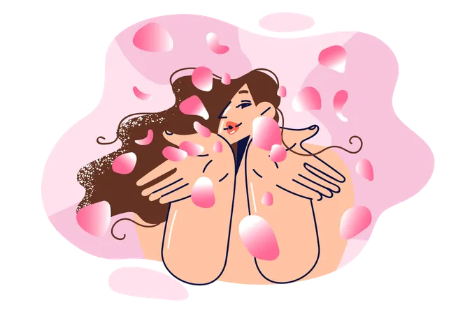 Naked Woman With Rose Petals Calls For Aromatherapy And Use Of Cosmetics Made From Flowers Flying Rose Petals Near Girl Spreading Aroma Of Flowering Plants For Concept Of Natural Essential Oils イラスト